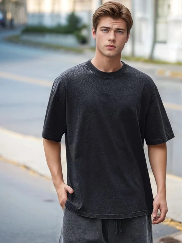 Summer Men's Washed T-Shirts 230G Heavy Cotton Vintage Faded Color