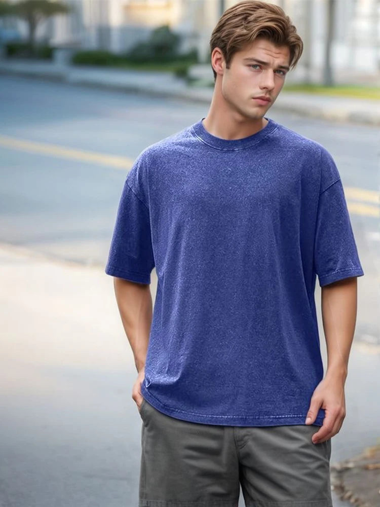 Summer Men's Washed T-Shirts 230G Heavy Cotton Vintage Faded Color