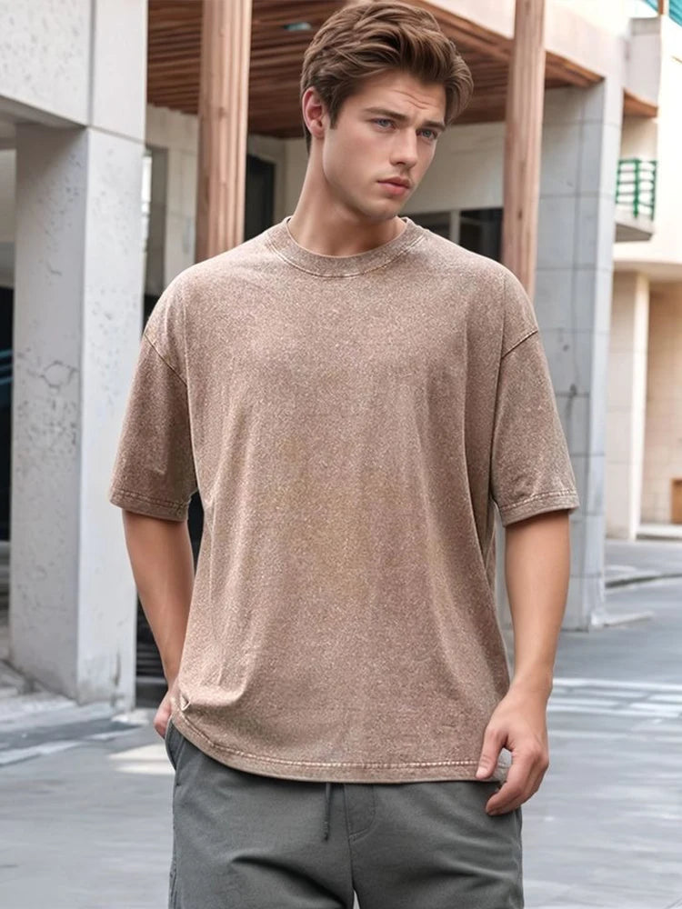 Summer Men's Washed T-Shirts 230G Heavy Cotton Vintage Faded Color