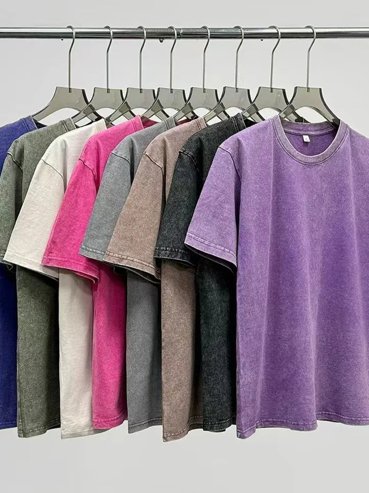 Summer Men's Washed T-Shirts 230G Heavy Cotton Vintage Faded Color