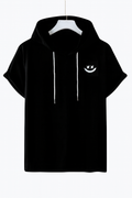 Black Short Sleeve Hoodie with Smiley Graphic Black (XXS )