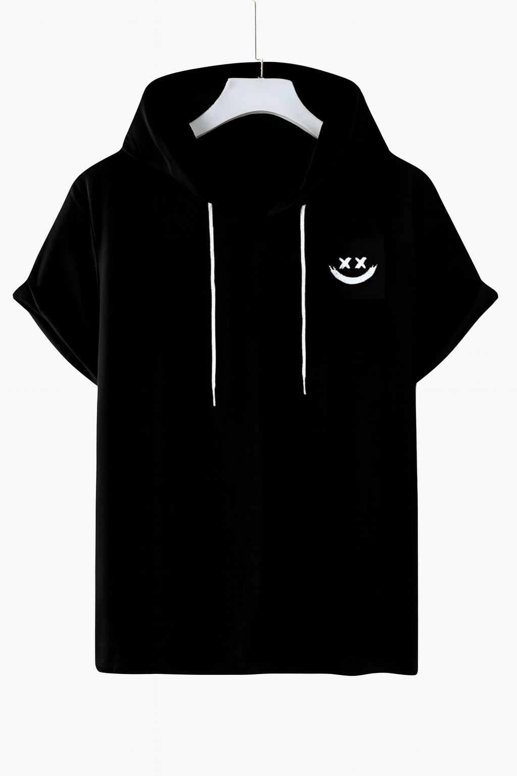 Black Short Sleeve Hoodie with Smiley Graphic Black (XXS )